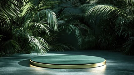 Green podium, tropical plants, empty space, product presentation, digital rendering
