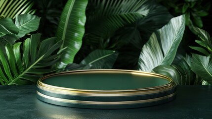 Green podium, tropical leaves, nature backdrop, product display, minimalist