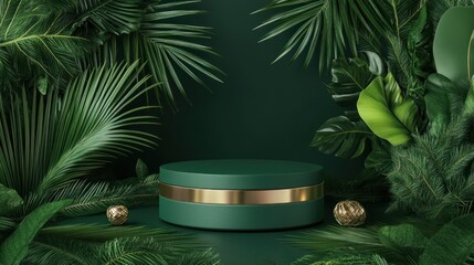 Emerald podium surrounded by lush foliage