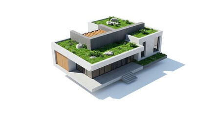 Modern Two-story House with Green Rooftop Garden and Contemporary Design