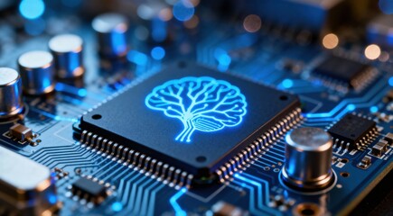 Artificial Intelligence (AI) Microchip with Digital Brain Icon on Circuit Board. Advanced Neural Network Computing and Technology.