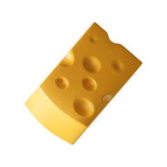 Cheese Wedge Isolated on Transparent Background with Perforations and Bite Taken Out in Top Right Corner Golden Yellow Hue and Rounded Edges