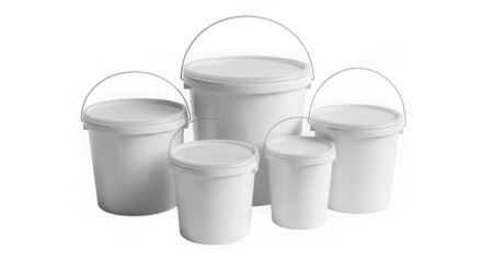 Group of white plastic buckets with lids isolated on transparent background