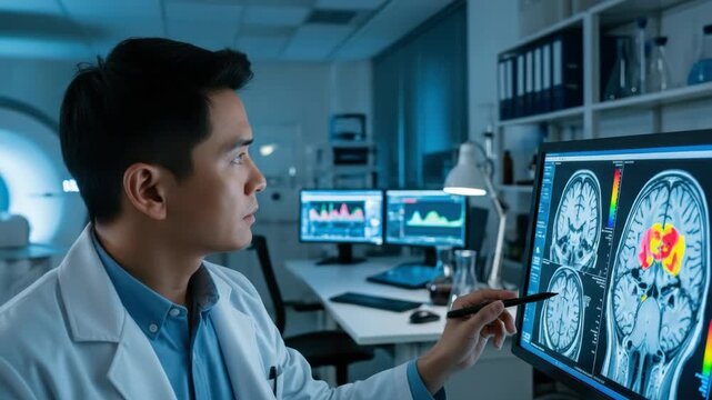 male medical professional in lab coat analyzes brain scans on monitor pointing at an area of interest Multiple screens display data in high-tech medical research environment with an imaging machine