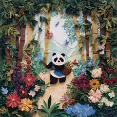 Fototapeta premium Panda surrounded by vibrant floral scene.