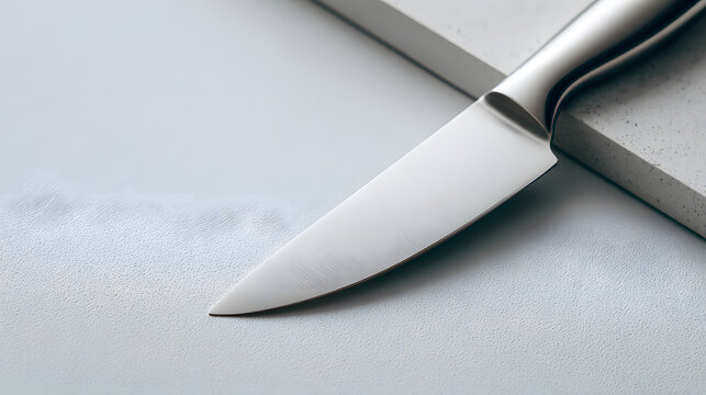 close-up shot of a stainless steel kitchen knife resting on a smooth surface, its sharp blade gleaming