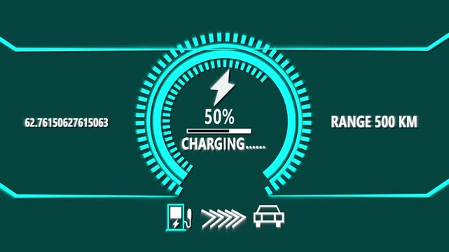 Electric vehicle charging dashboard display showing 75 percent charge and 500 km range electric car