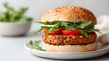 a close-up shot of a delicious burger with fresh ingredients, with arugula and tomatoes, and a bun with sesame seeds. on the plate with blurred background