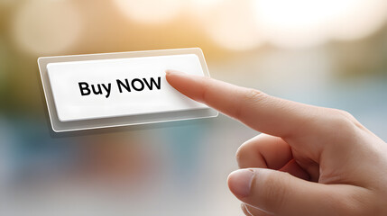 a finger pressing Buy Now button on a digital interface. The scene conveys a sense of direct action and purchasing