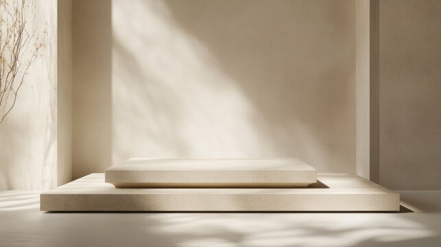 Beige product display podium, sunlight, minimalist background