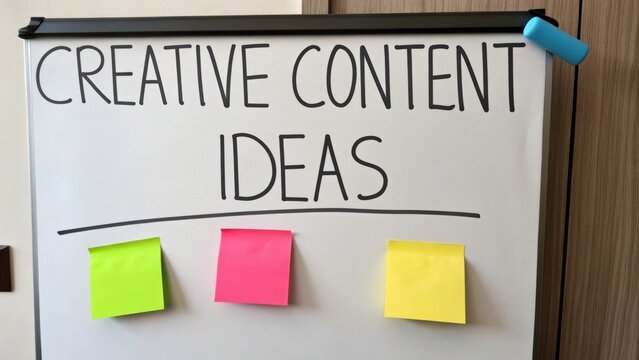 Creative brainstorming session with bright post-it notes for generating innovative content ideas on a whiteboard