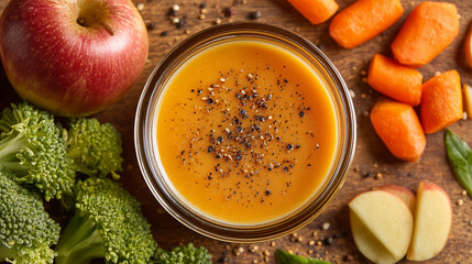 Healthy vegetable and apple puree on a dark surface with fresh ingredients