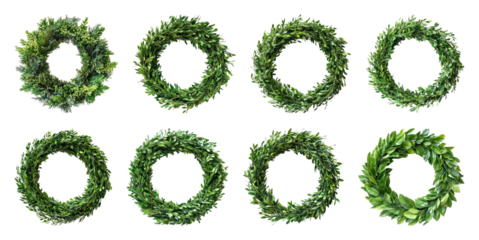 PNG Eight lush green wreaths displayed, element set on transparent background