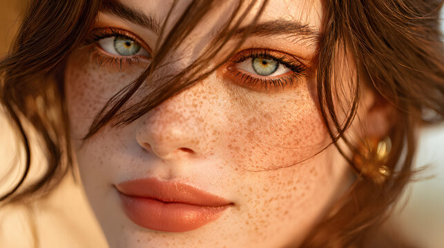 close-up shot of a beautiful person with freckles and captivating green eyes - Powered by Adobe