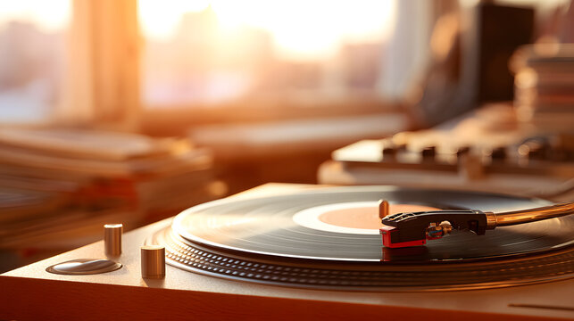 a vintage record player spinning a vinyl record. The warm sunlight casts a nostalgic ambiance on the scene. 