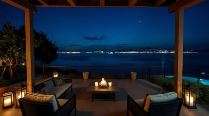 Serene Evening View from a Lakeside Villa Patio_12