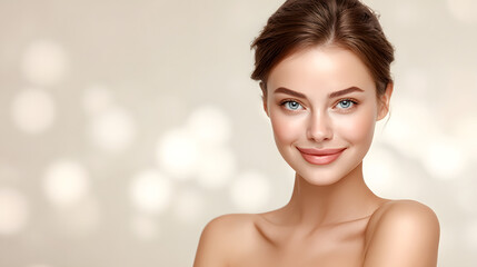 a beautiful woman with radiant skin looks directly at the camera with a gentle smile. She has a natural, understated beauty, her hair pulled back