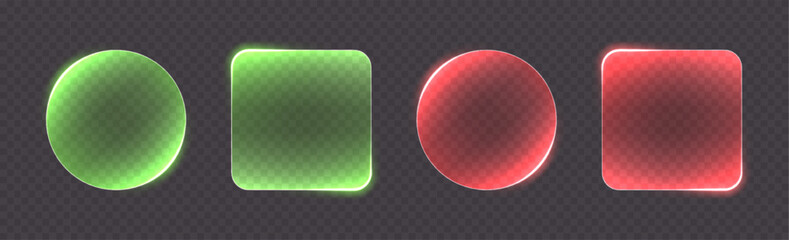 Transparent glass buttons, green and red clear banners. Glowing futuristic interface templates for web design. Vector illustration. © Likanaris