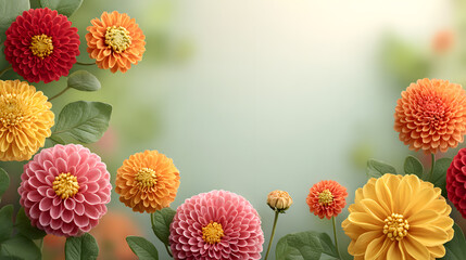 colorful dahlias arrangement with varying shades of red, orange, and yellow blooming gracefully in a garden