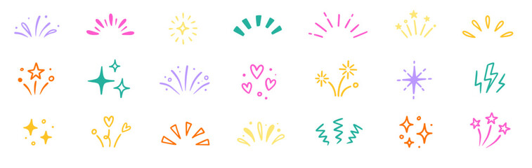 Obraz premium Star background confetti set. Hand drawn doodle star shapes and birthday confetti with cute sparkle, holiday twinkle brush elements, and glowing cartoon kid pattern. Vector illustration
