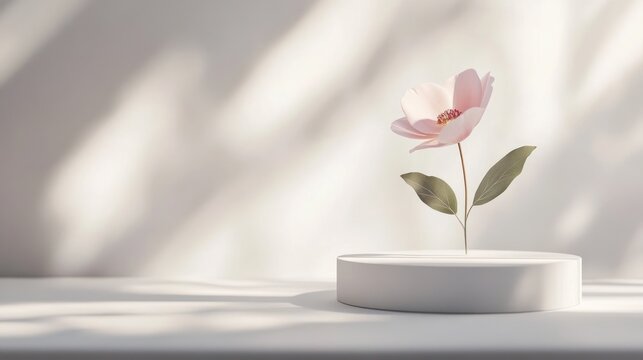 Pink flower on white pedestal, sunlit background, minimalist aesthetic, for product display