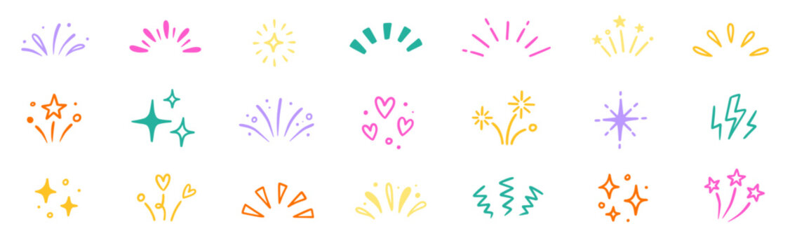 Star background confetti set. Hand drawn doodle star shapes and birthday confetti with cute sparkle, holiday twinkle brush elements, and glowing cartoon kid pattern. Vector illustration