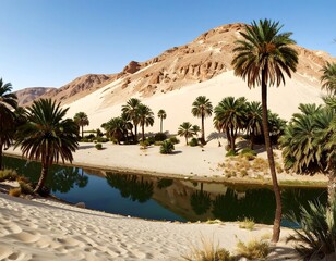 Desert oasis reflecting in a calm water