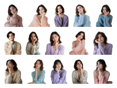 PNG Cozy sweaters, thoughtful expressions, element set on transparent background