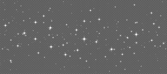 White sparkling stars, shiny particles light effect, transparent flying stardust texture, abstract twinkle Christmas decoration. Vector illustration.