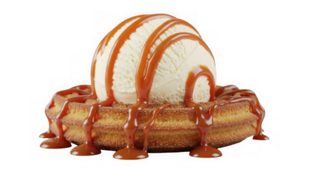 Waffle with ice cream and caramel isolated on transparent background, a dessert