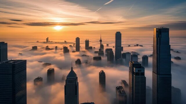 aerial cityscape at sunrise with countless skyscrapers emerging from dense blanket of golden low-lying fog The sky boasts warm hues casting an ethereal glow over the urban architecture