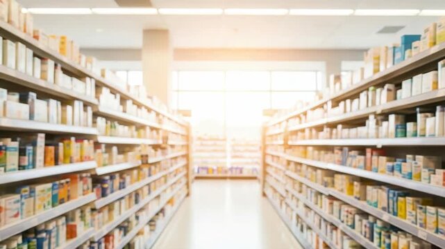 long blurred store aisle likely pharmacy is brightly illuminated by sunlight from far window Numerous shelves on both sides are filled with colorful indistinguishable packaged goods bottles and boxes