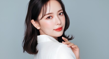 白いシャツの女性の横顔ポートレート、微笑む自然な表情