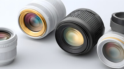 camera lenses with different colours and design showing the technology of photography industry 