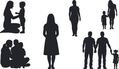 Family silhouette set, adult and child interaction, parenting moments, black vector, people clipart, love, care, bonding, editable design, isolated illustration