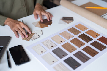 Architecture interior Man Creative project plan designer home and Choose interior materials.