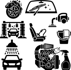 Car Wash, Engine Cleaning, and Detailing Icon Set