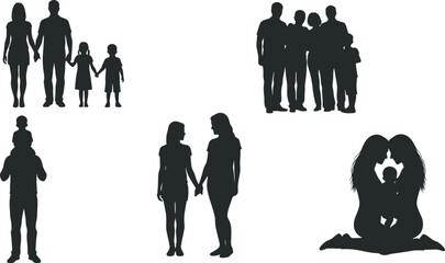 Family silhouette set, parents with children, caring poses, parenting moments, black vector, people clipart, togetherness, love, isolated design, editable illustration