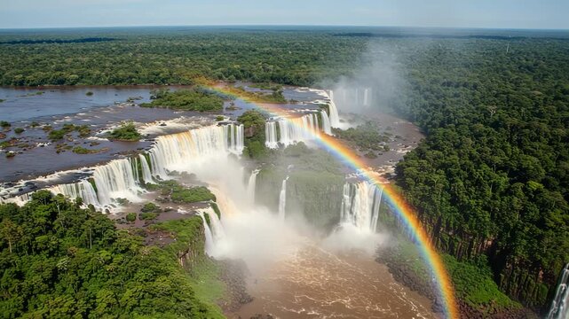 Aerial view of iguazu falls with a rainbow over the cascading water