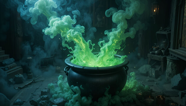 A bubbling cauldron with green smoke and magic potion in a mysterious room