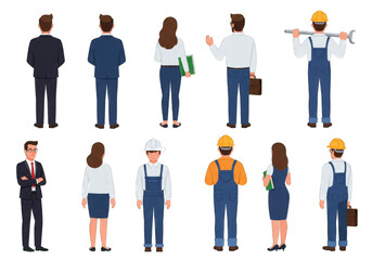 illustrated professionals, including office workers and laborers, shown from front and back views.