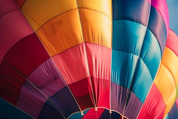 Obraz premium Close-up of hot air balloon inflating at festival, vibrant fabric colors, dramatic perspective.