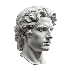 White sculpted bust of a man with curly hair against a black backdrop