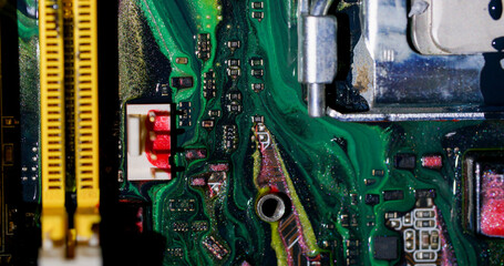 Paint drip. Electronic abstraction. Defocused green yellow red colorful digital technology dark black glitter water microchip texture on art background.