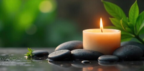 Obraz premium Tranquil Spa Scene Luxurious Candle Burning Amidst Polished Stones and Lush Greenery, Perfect for Relaxation and Self-Care