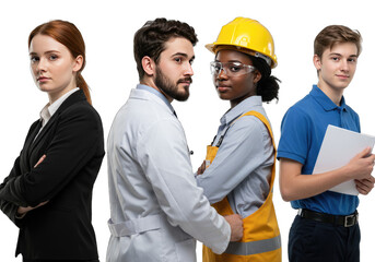 Diverse group of professionals in different work attire standing together against a white background.