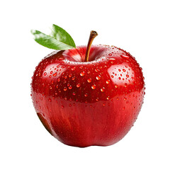 Shiny, vibrant red apple with water droplets and green leaves on black