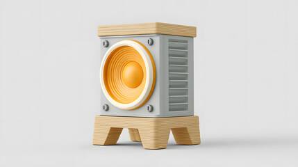 A 3D rendering of a speaker. The speaker's design has a wooden frame. The speaker has a prominent central cone