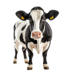 Black and white dairy cow stands and stares into the camera's eye