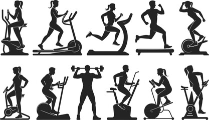 Gym silhouettes, fitness workout, cardio training, exercise equipment, treadmill, elliptical, stair stepper, stationary bike, dumbbells, active lifestyle, healthy body